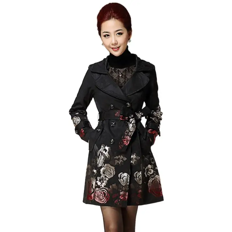 

Women Spring Autumn Floral Printing Windbreaker Oversize Middled Aged Mom's Coat Jacquard Embroidery Slimming Overcoat Trench