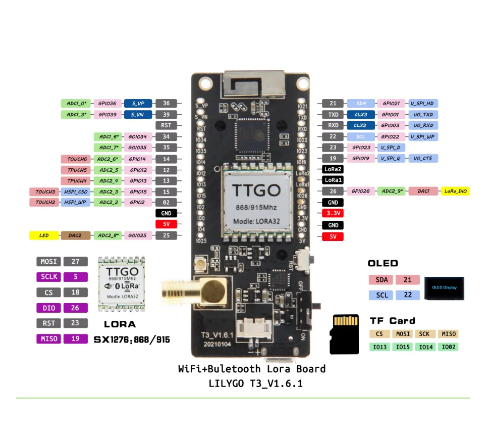     ESP-32 SMA LILYGO, LoRa32 V2.1 _ 1.6 , 433, 868, 915Mhz, ESP32 LoRa OLED, 0.96 ġ SD īTTGO