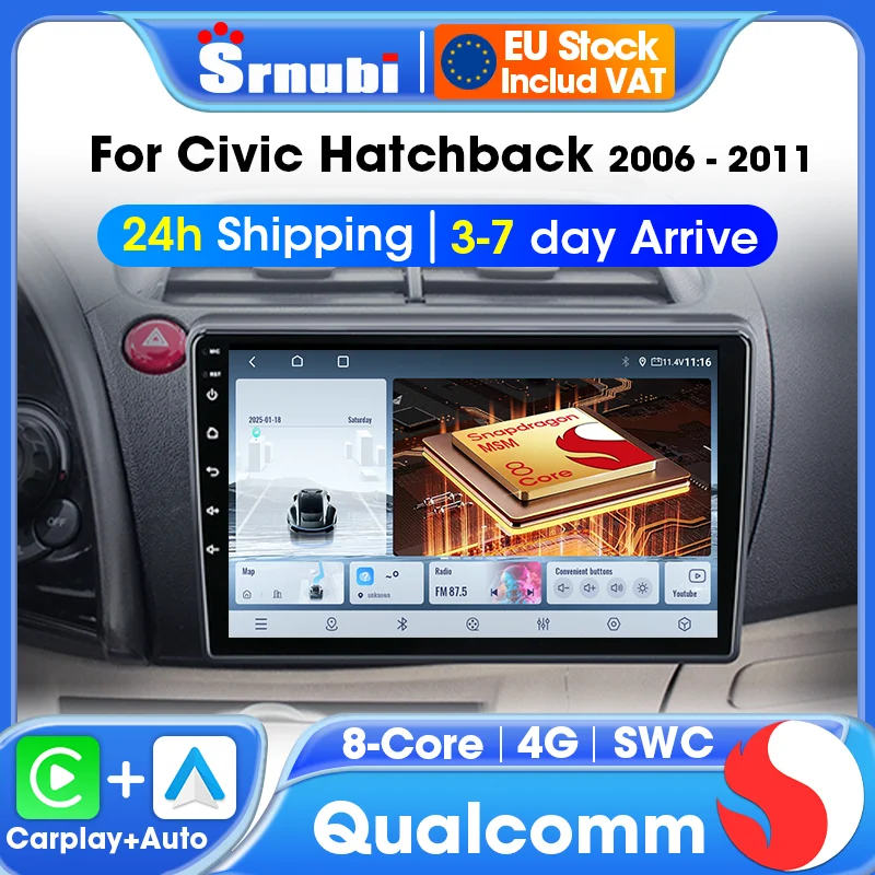 Android für Honda Civic Hatchback 2006–2011, Carplay, QLED-Bildschirm, Autoradio, Multimedia-Navigation, GPS, Stereo, DVD, 2 Din-Kopfeinheit