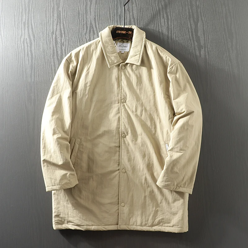 Men's Retro Harajuku Sle Loose Fit Collar Mid-Length Cotton Jaet Autumn Winter Pure Color Casual Windbreaker Coat