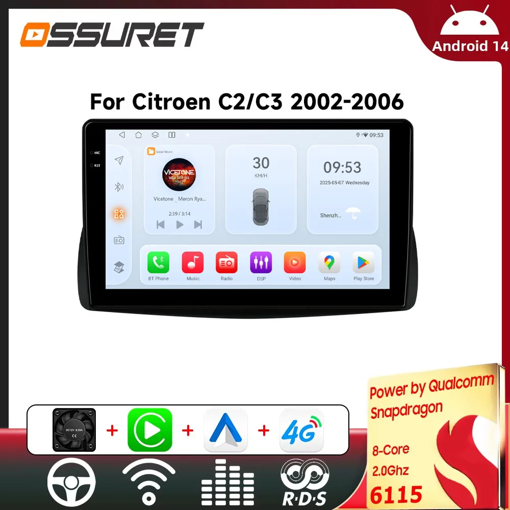 Android Auto radio Player for Citroen C2 C3 2002-2006 Wireless Carplay 8Core Autoradio Car Multimedia 6115 2DIN GPS Stereo