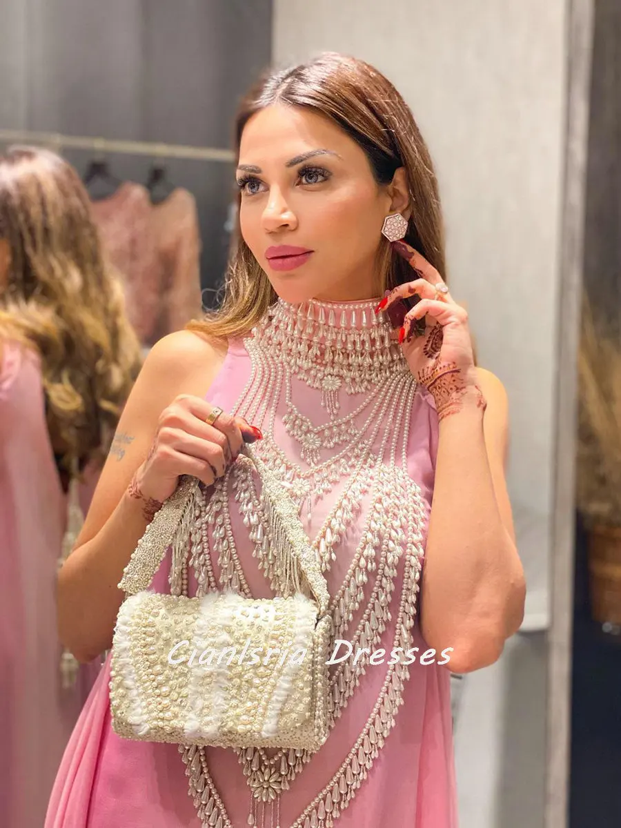 

Розовое вечернее платье Дубай с высоким воротом, ТРАПЕЦИЕВИДНОЕ шифоновое платье без рукавов с бусинами и жемчужинами для официальной вечеринки в саудовском и арабском стиле