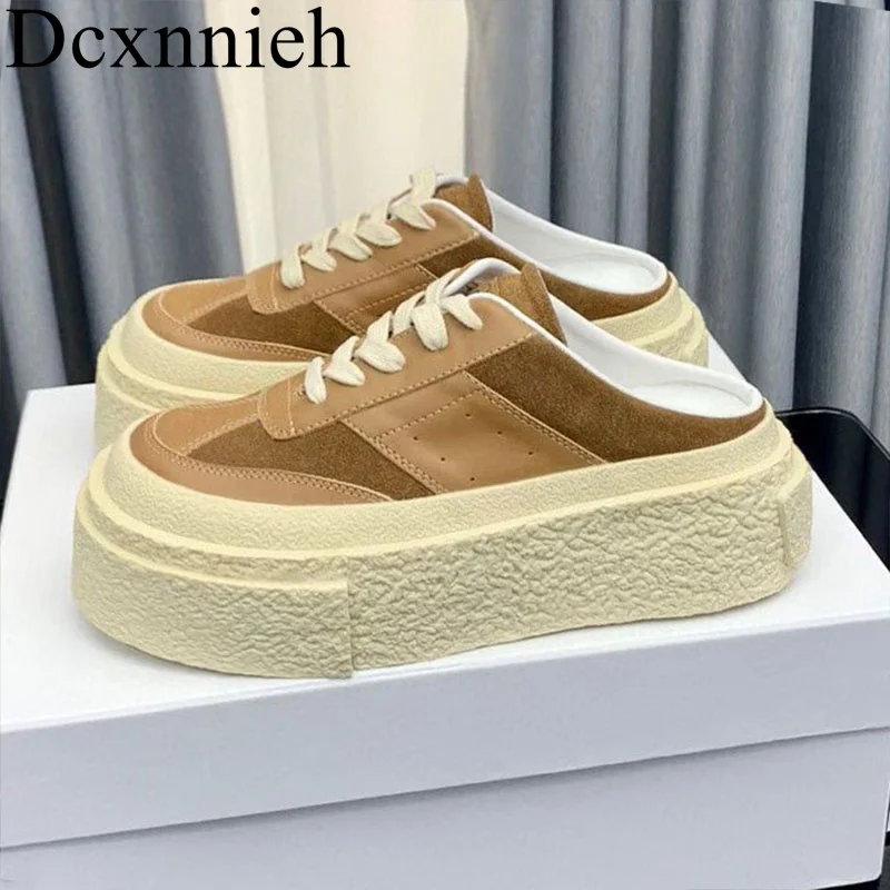 

New Genuine Leather Mix Color Lace-up Casual Shoes Spring Soft Rubber Thick Bottom Slippers Comfort Vacation Sneakers Unisex