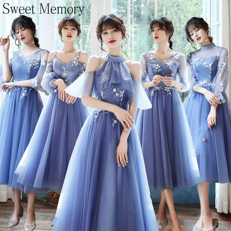 Bridesmaid Dresses A98118 Grey Blue Halter Girl Appliques Illusion Sleeves Lace Up Formal Wedding Party Prom Dresses