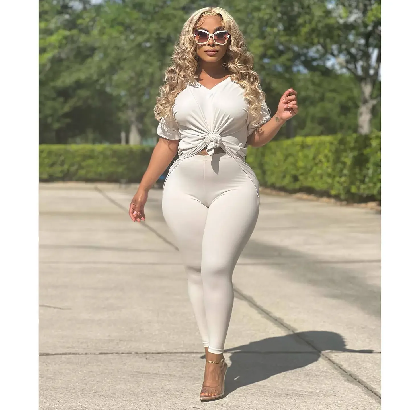 Solid V Neck Casual Loose Long Pant Set 2024 Summer 2 Two Pcs Sets Casual Tracksuits Street Outfits -- Color : Ivory - Size : XL