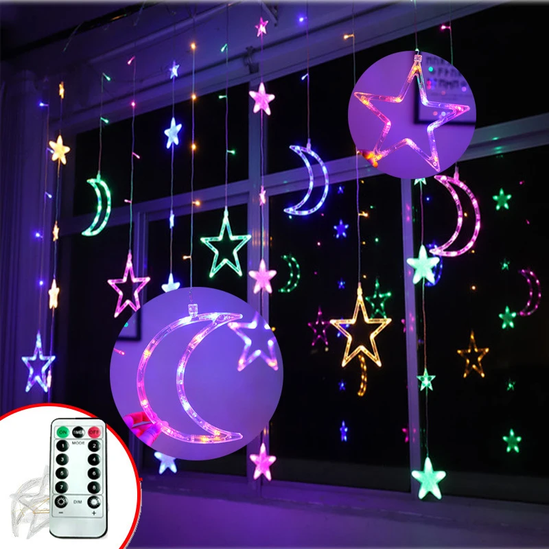 3.5m 138leds Etoile Lune Led Rideau Guirlande Lumineuse Noel Ramadan  Lumiere Romantique Vacances Lumieres Pour Decoration De Fete De Mariage -  Guirlande Led