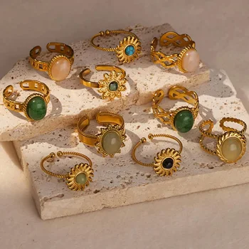 18k Gold-Plated Natural Stone Rings For Women Fashion Luxury Stainless Steel Adjustable Oval Opal Rings Finger Jewelry Gifts 1