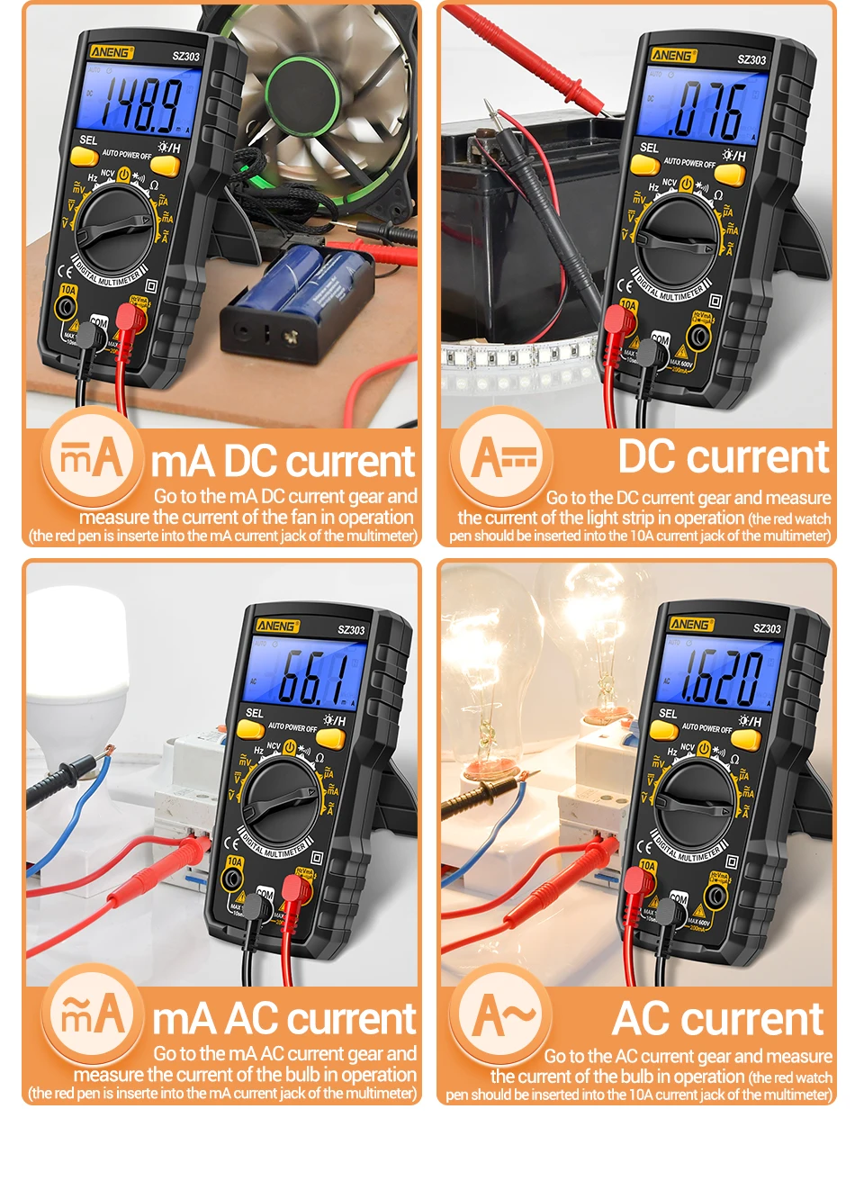 ANENG SZ303 Digital-Multimeter True RMS 1999 Messungen Automatische Bereichswahl Voltmeter Amperemeter Ohmmeter Kapazitätsmesser NCV Spannungsdetektor – Detail 13