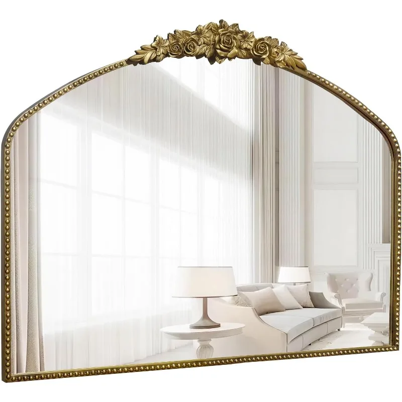 

Antique Gold Arch Wall Mirror, 40"x31" Traditional Vintage Mantel Mirror with Ornate Metal Frame, Baroque Victorian Mirror