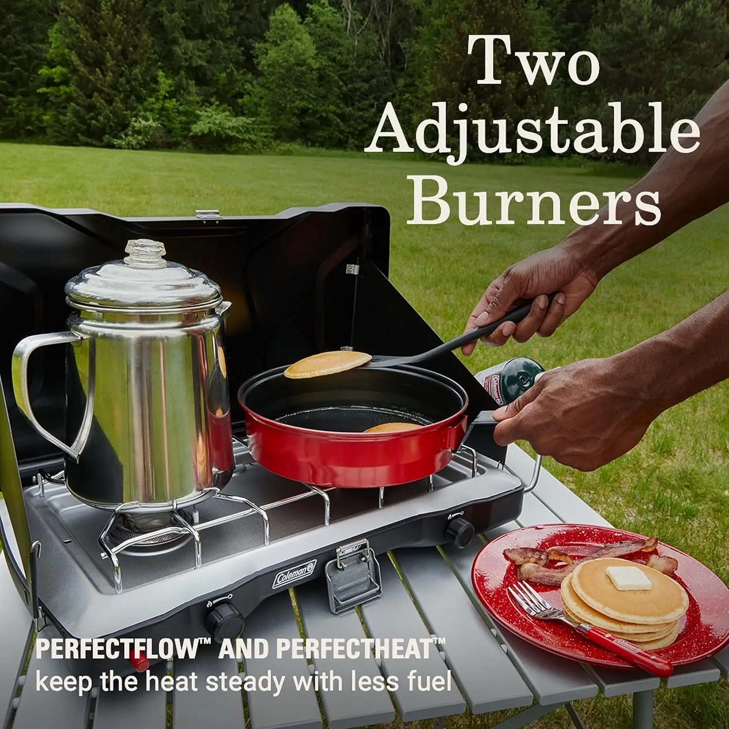 Burner Propane Camping Stove, Push-Button Instant Ignition, Portable Camp Grill, Adjustable Burners