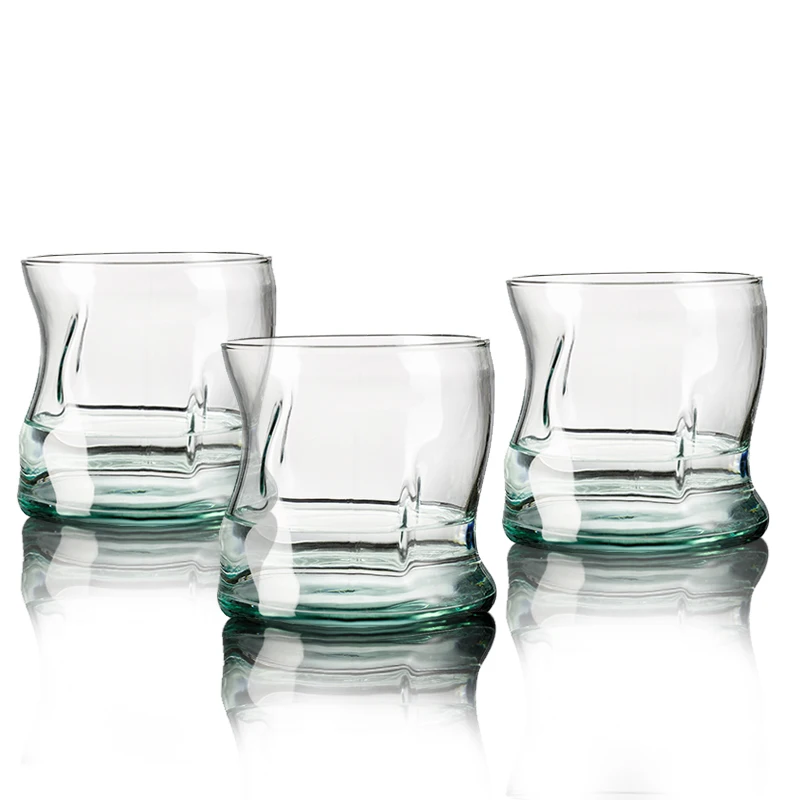 2PCS Green Wavy Glass Beverage Drinking Tumblers Colored Glass Home Coffee Juice Water Cup ,Clear/Turquoise Gradient,12-14oz