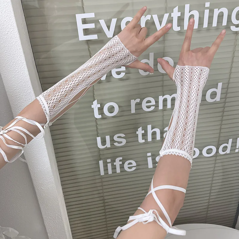 

Перчатки женские кружевные в ретро стиле, пикантные сетчатые облегающие перчатки без пальцев, с перекрестными лямками, для косплея, выступлений и представлений