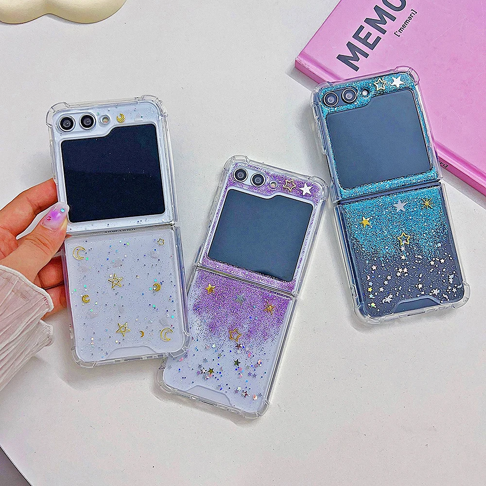 Giappone Corea Gradient Glitter Meteor Custodia Per Telefono Trasparente Per Samsung Galaxy Z Flip 5 Z Flip4 Z Flip3 Drop Glue Star Cover Posteriore