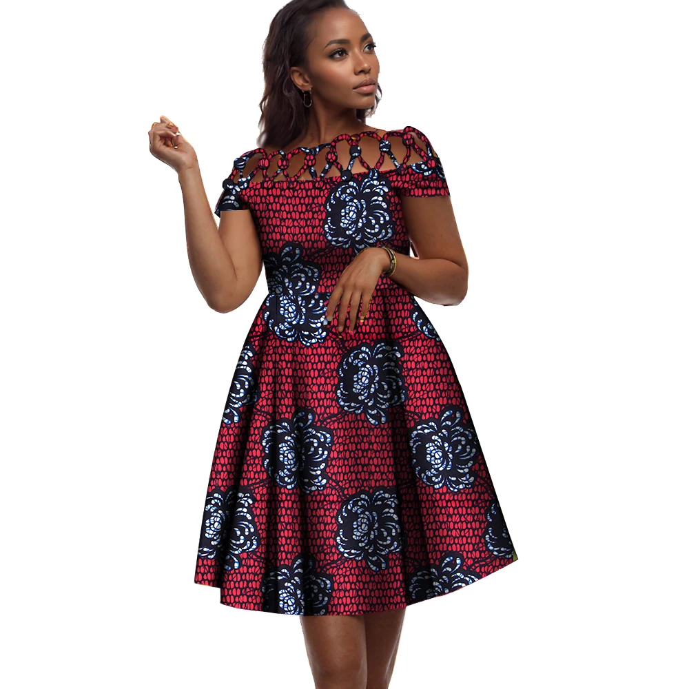 BintaRealWax 여성용 아프리카 드레스, 코튼 로프 직조 칼라, 아프리카 프린트 왁스 의류, 무릎 길이 레이디 드레스, WY335