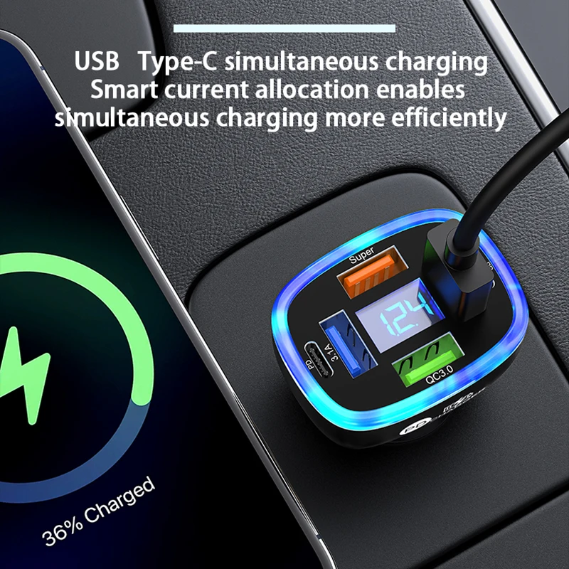 UYUXIO USB C 차량용 휴대폰 충전기, 삼성 아이폰 16, 15 프로 맥스, 원플러스용 초고속 충전 어댑터, 전압 디스플레이 포함, 6 인 1