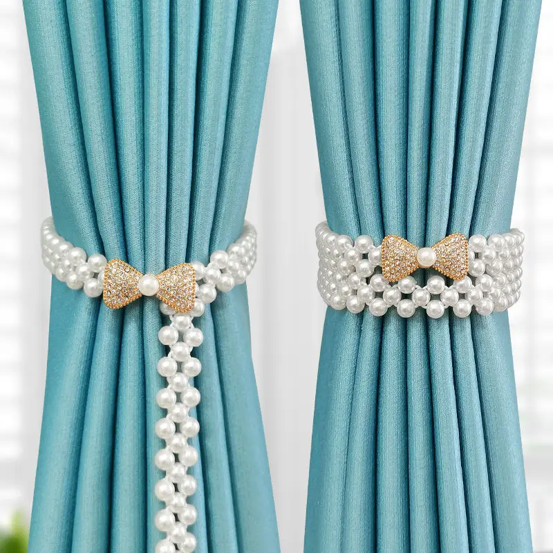 

Curtain Tieback 2 Pcs Bow-knot Bling Bead Luxury Curtains Tie Ring Europe Style Universal Gold Sliver Adjustable Home Accessorie
