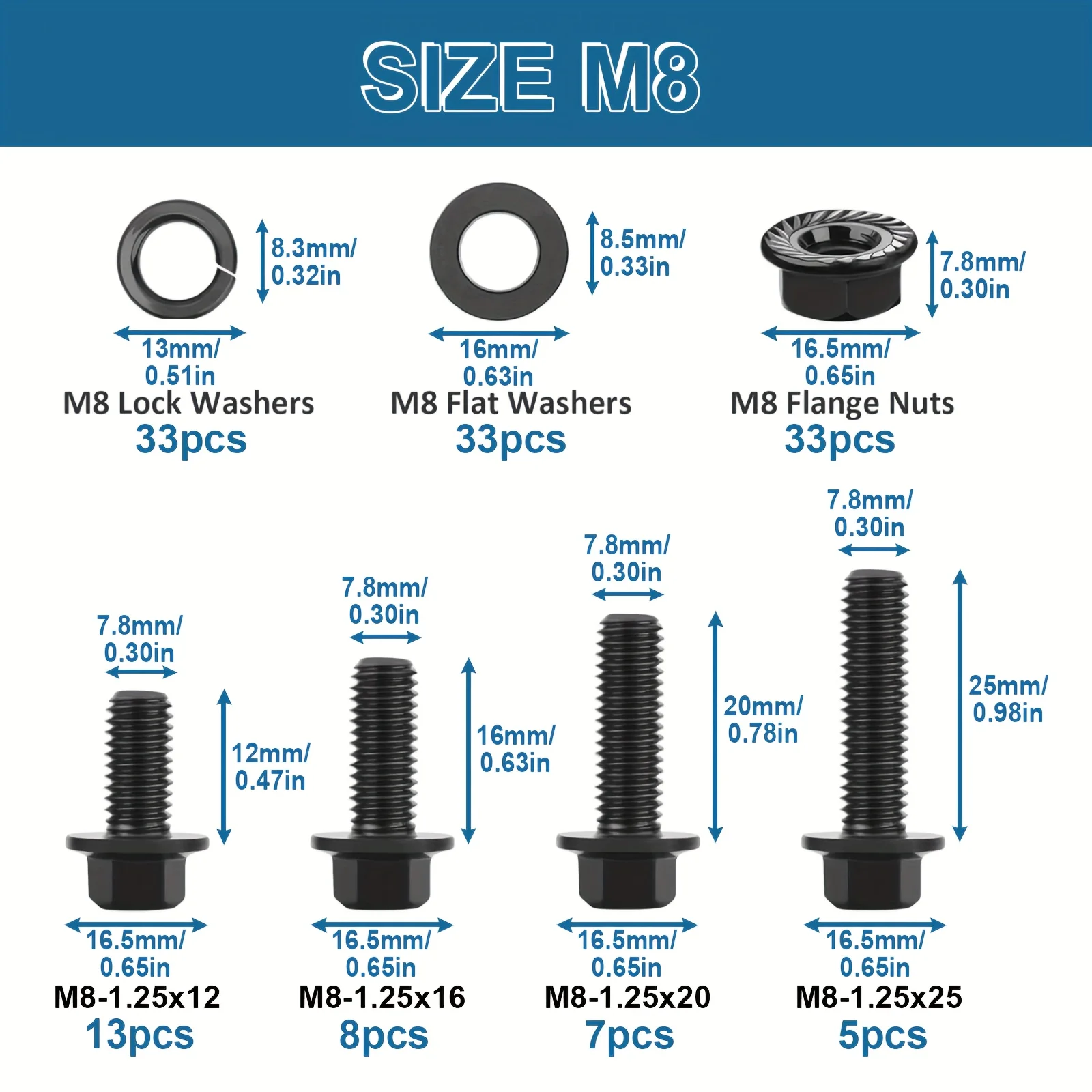 VKKM 132 pcs M8 Hex Cap Flange Bolt Assortment Kit/Screws, Nuts & Washers/Black Oxide, M8-1.25 x 12/16/20/25mm