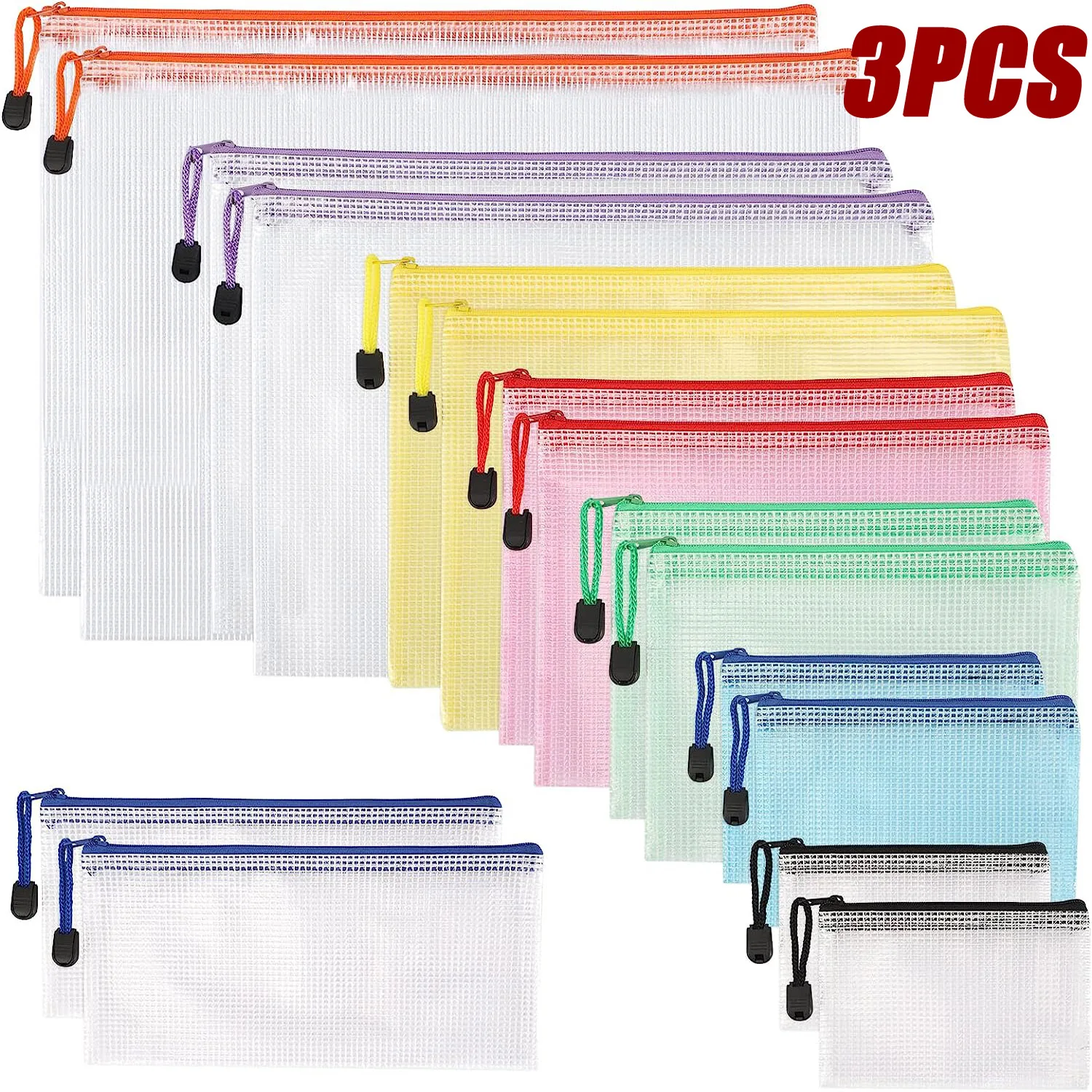 3PCS Stationery Storage Bag Folder File Mesh Zipper Pouch A4 A5 A3 Document Bag Zip File Folders School Office Supplies Pouch