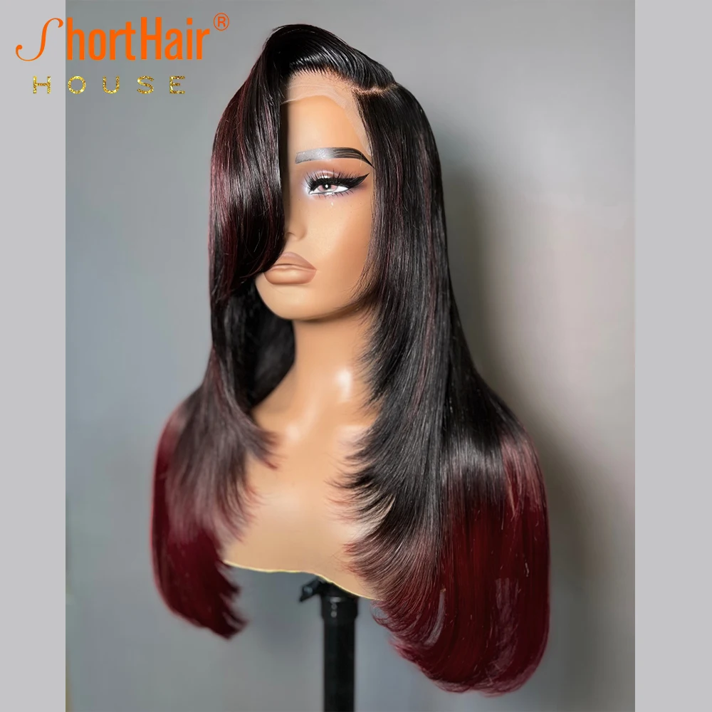 99J Burgundy Wavy Human Hair Wigs Invisi 360 Lace Front Wigs With Side Bangs PreCut 5x7 Lace Glueless 250% Highlight Brazilian