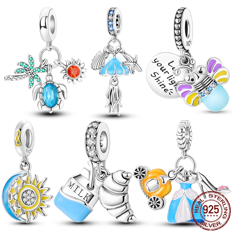 

Fit Pandora 925 Original Bracelet Luminous Jellyfish&Firefly Croissant Silver Charms Beads For DIY Christmas Jewelry Gift Making