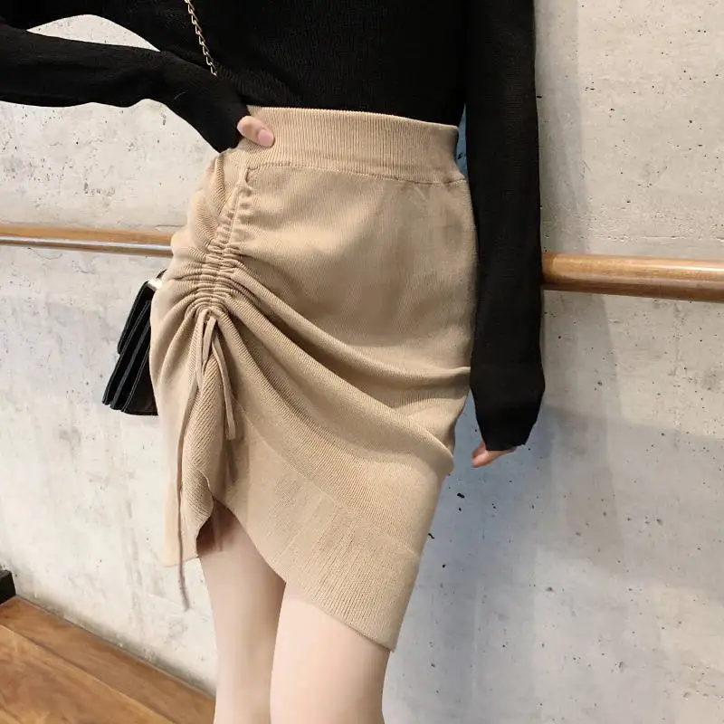 short skirt Korean Irregular Ruffles Drawstring Women Skirts High Waist High Waist Slim Knitted Faldas Mujer Vintage Streetwear Mini Skirt black pleated skirt