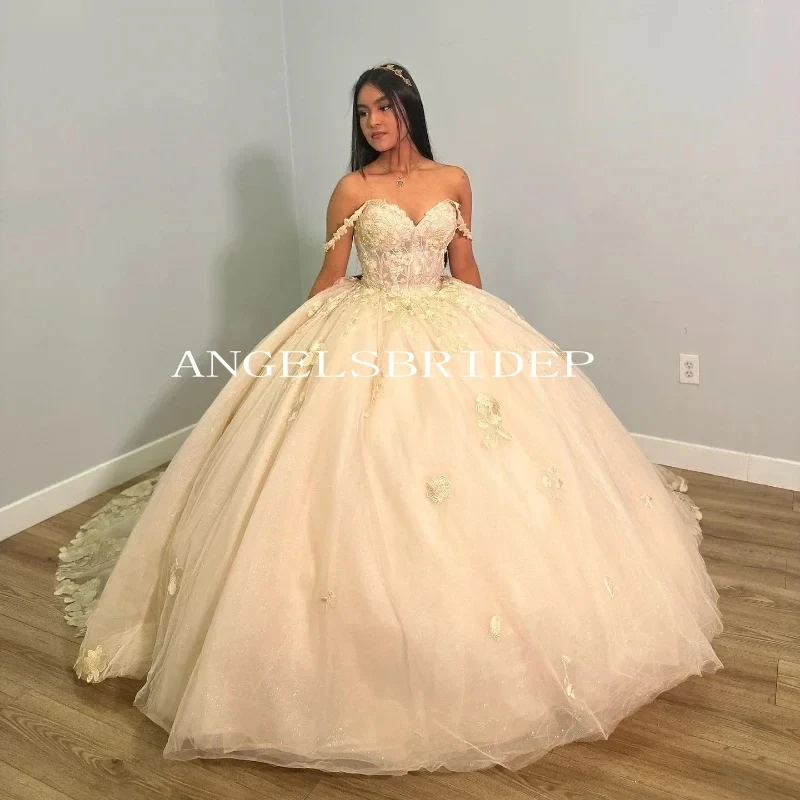 Angelsbridep Luxury Champagne Lace Up Ball Gown Quinceanera Dresses Off Shoulder vestidos De 15 Quincea&ntilde;era