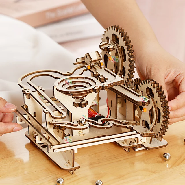 Ury 3D Wooden Puzzles Electric Catapult Track Device Marble Run Set Mechanical Model Science Maze 5 Balls Assembly Gift for Kids 6