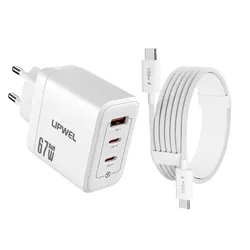 High - Speed 67W GaN Charger with EU Plug - 3 - in - 1 USB C & USB A Ports - White With Cable