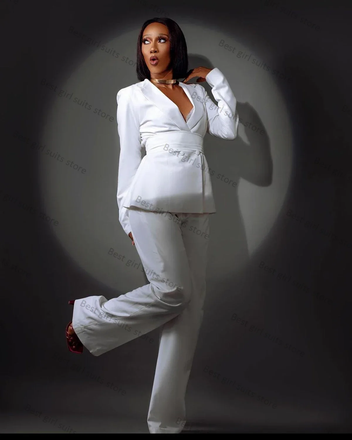 

2 Piece White Women Suit Pants Set Belt Jacket+Trouser Guest Blazer Wedding Tuxedo Tailored Formal Business Office Lady Coat