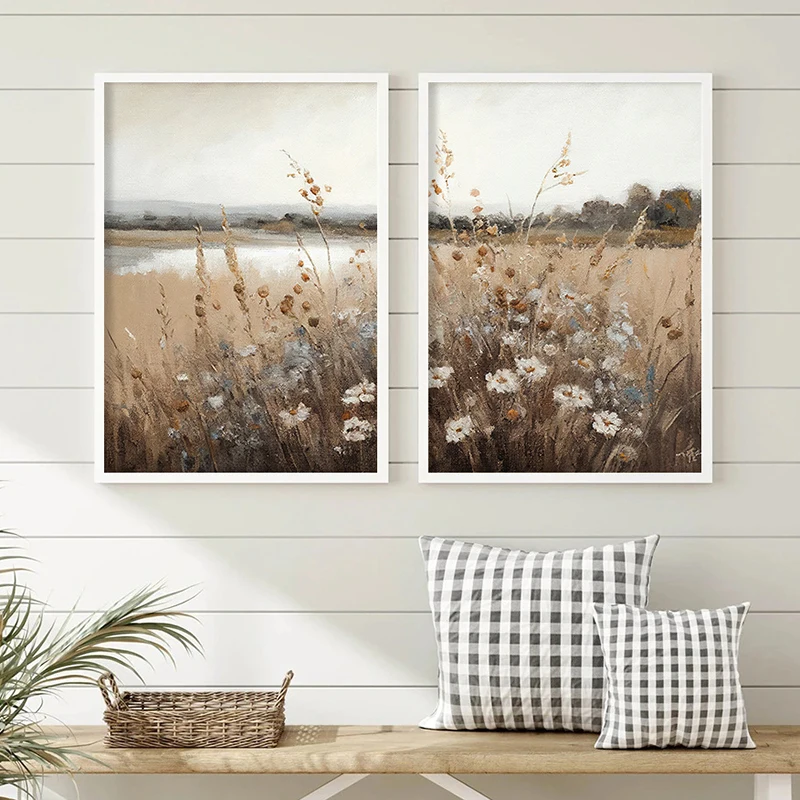 Vintage Wildflower Meadow Oil Painting Canvas Poster - Farmhouse Wall Art Decor