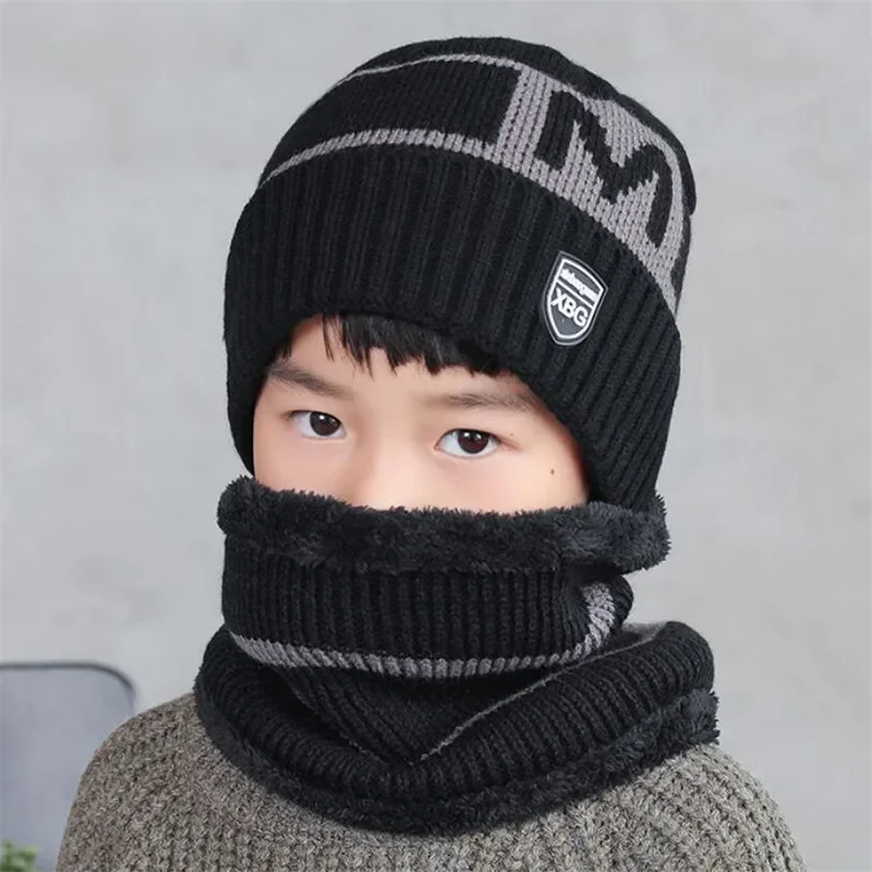 Child Winter Knitted Hat Scarf Boy Girls Outdoor Warm Plush Beanies Hat 2 Piece Sets Kids New Letter Cap And Stripe Scarves