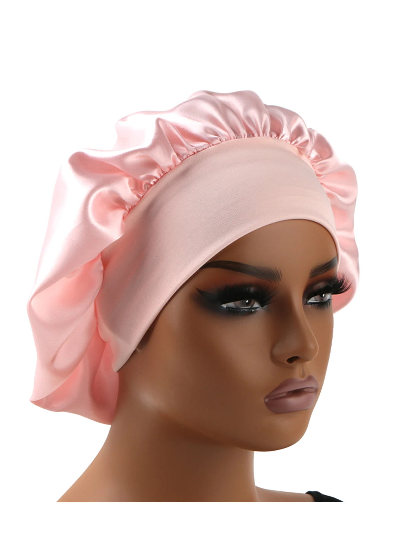 Normal adult sized Head Wrap Elastic Band Bonnet sleep cap Satin Silky Bonnet Sleep Black Pink color choice 5