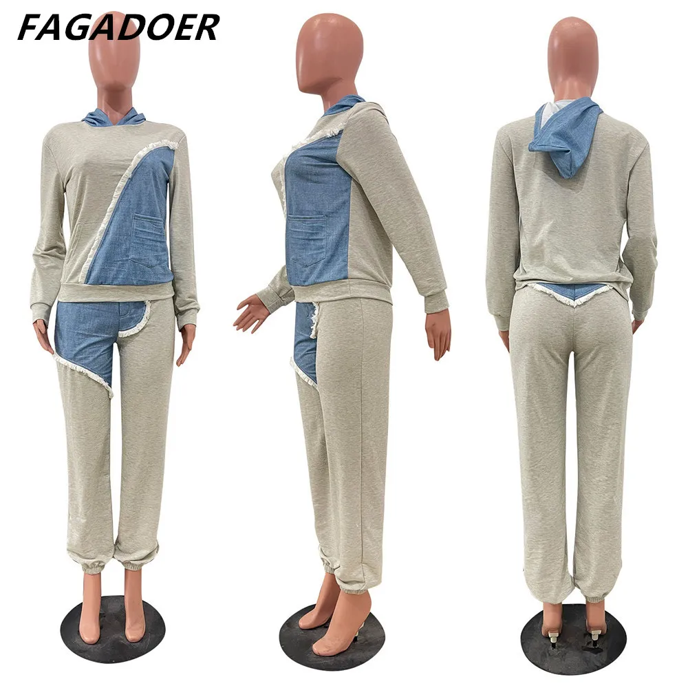 FAGADOER Casual Solid Sweatsuits Women Long Sleeve Pullover And