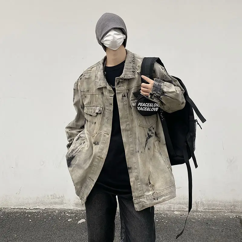 Tie Dyed Black Jacket Men's Spring and Autumn Men's Clothing Jacket Hip Hop Harajuku Street Clothing Fashion Jacket Denim Jacket
