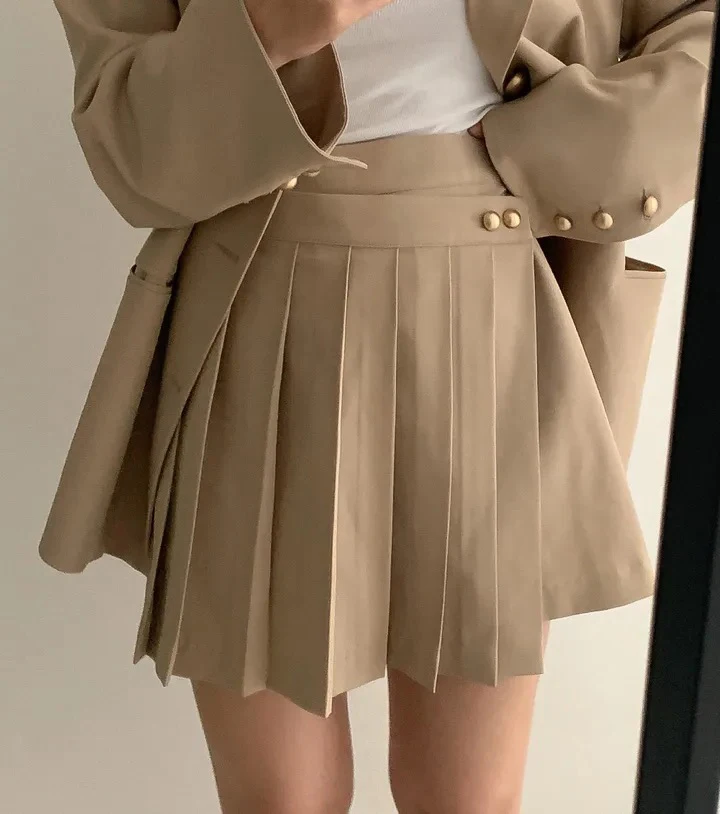 Korean Chic Two-piece Skirt Set Women Single Breasted Blazer Loose Jacket Solid Pleated Mini Skirt Autumn Office Lady Outfits