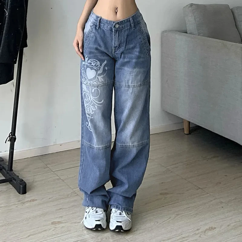 

Harajuku printed Cargo Jeans Dark Blue brown High Waist Streetwear Baggy Jeans Women Pants Straight wide leg jeans Y2K Fashion