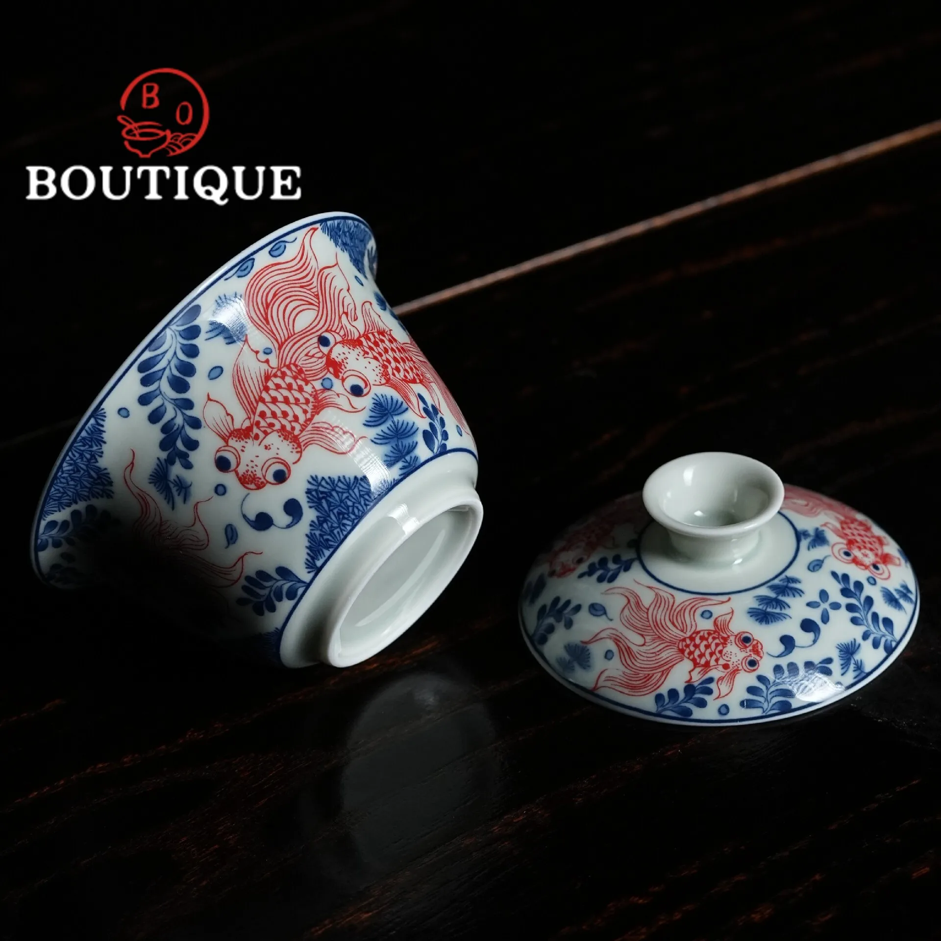 135ml Blue and White Sancai Covered Bowl Tea Tureen Hand Painted Lotus Fish Lotus Chinese Style Household Ceramic KungFu Tea Set