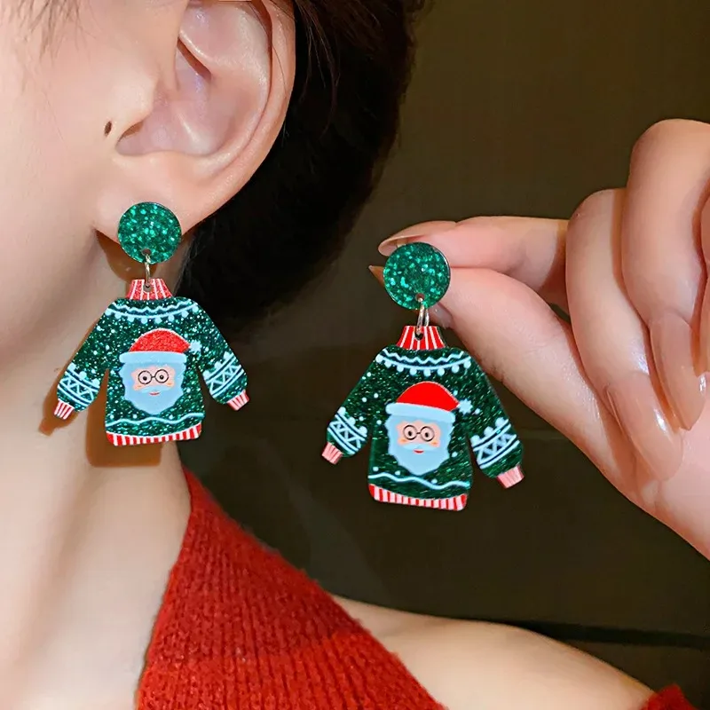 Christmas Earrings for Women Glitter Sweater Shaped Acrylic Dangle Earrings Cute Elk Snowman Santa Claus Party Jewelry Gifts