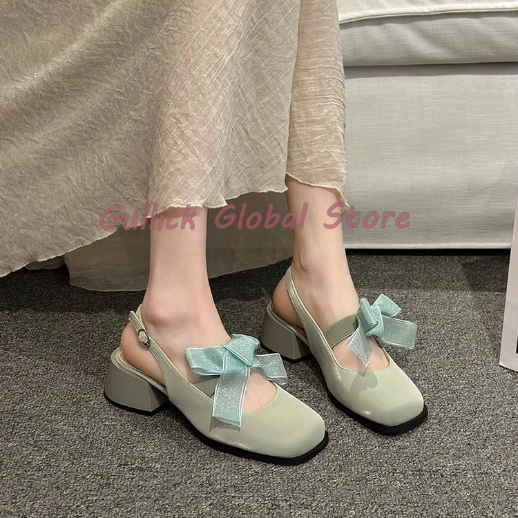 

2024 New Arrival Shoes PU Round Toe Shallow Butterfly Knot Slingback Chunky Heels Sandals Summer Dress Sweet Soft Breathable