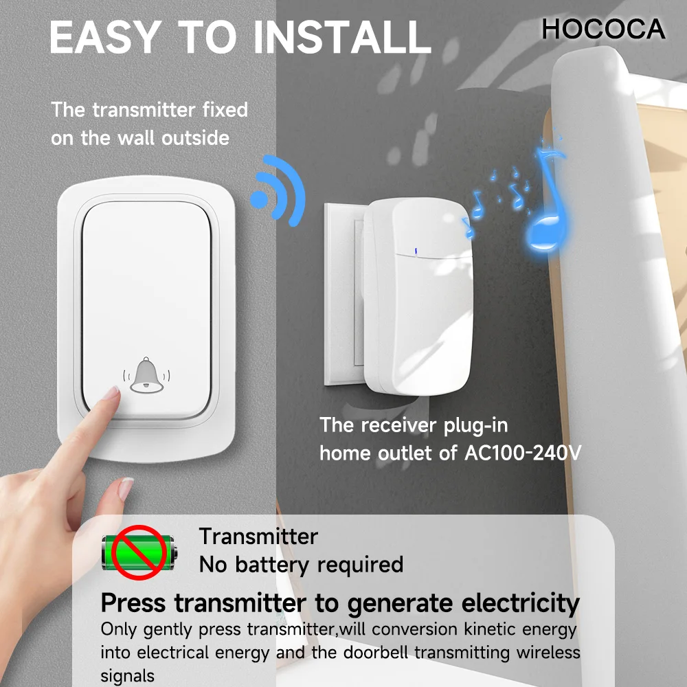 No Battery Required Home Kinetic Energy  Wireless Doorbell Waterproof High Volume Long-Distance Emergency Call Bell