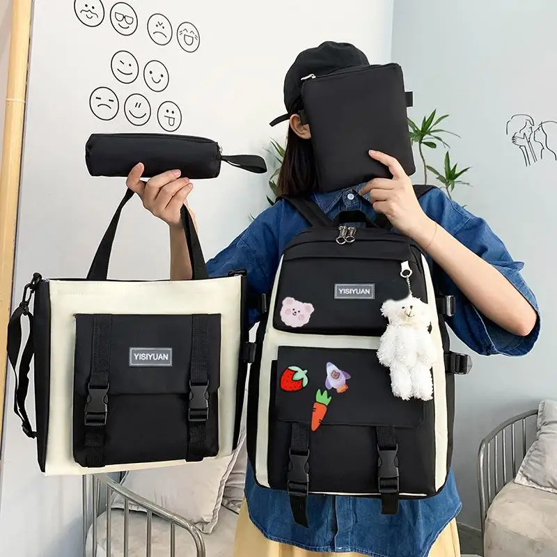 2023 New 5 Pcs Sets Women High School Bags Nylon Kawaii Women Travel Backpack Fashion Book Bags Female with Plush Pendant Cute