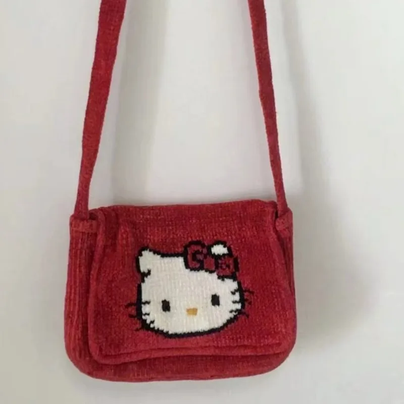 MBTI Hello Kitty Womens Shoulder Bag Corduroy Vintage Red Cartoon Embroidery Crossbody Bag Casual Cute Fashion Female Handbag