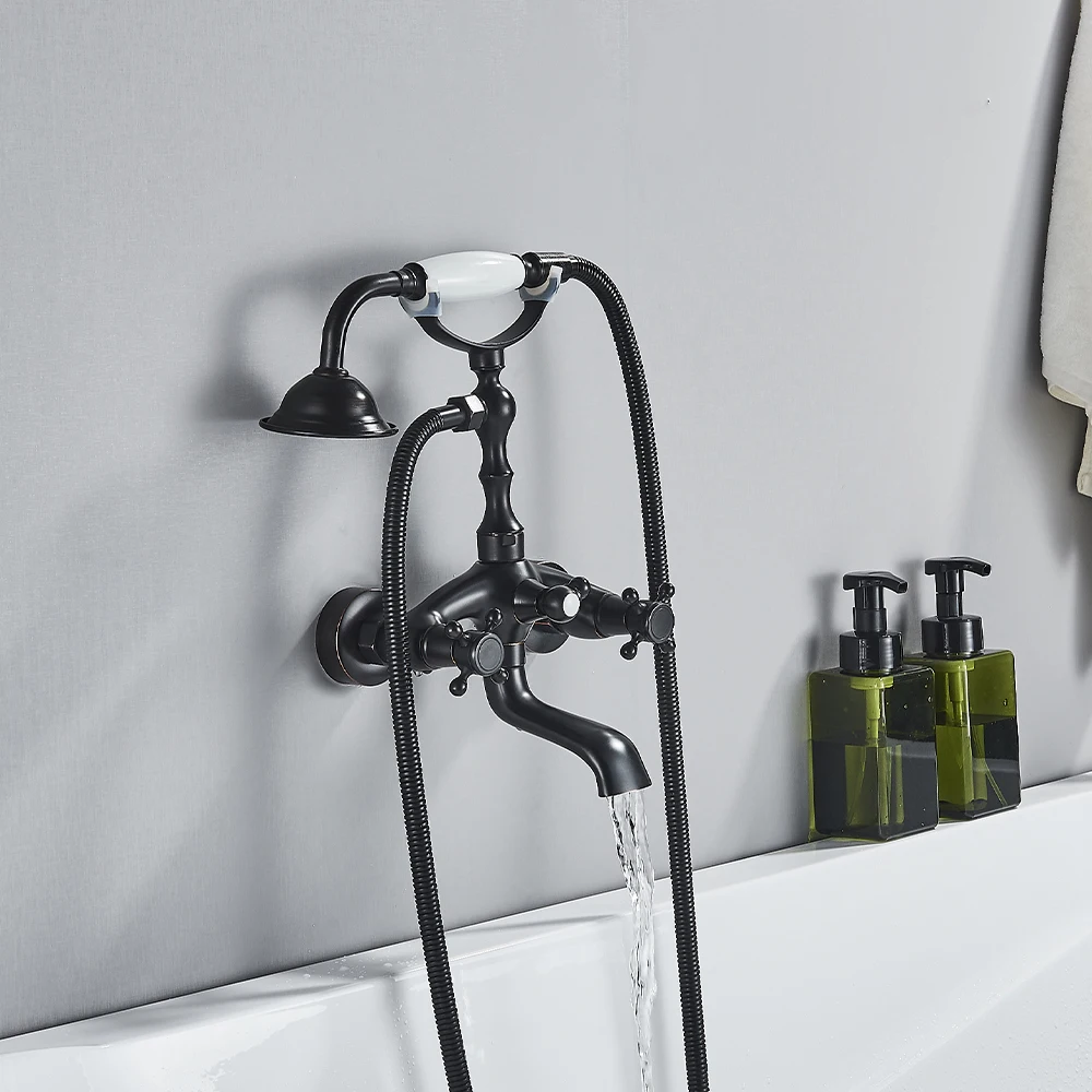 Black Bronze Bathtub Faucet Dual Handle Handheld Bath Shower with Hand Shower Wall Mount Swivel Spout Tub Sink Mixer Faucet 2