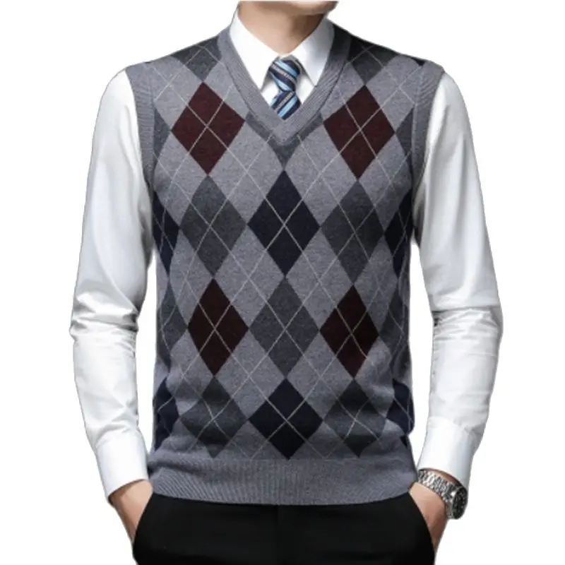 New Brand Business Casual Men's Vest Autumn Winter Wool Vest Versatile Casual Knit Man V Collar Diamond Plaid Pattern Men's Wear