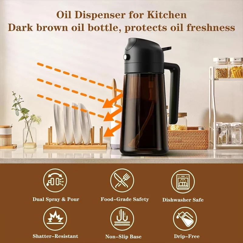 2-in-1 16oz 470ml Brown Glass Oil Sprayer Leakproof Eco-Friendly Olive Oil Dispenser Perfect for Cooking BBQ Grill Air Fryer 2