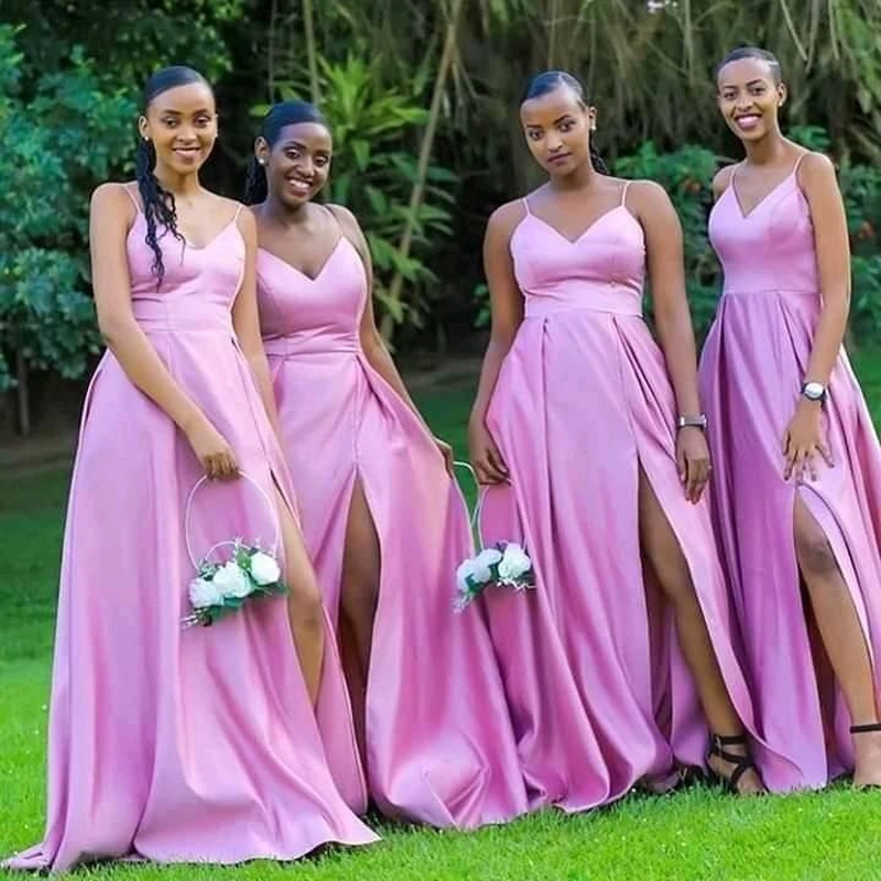 

African Black Girls Bridesmaid Dresses 2023 Spaghetti Straps Slit Long Wedding Party Dress Prom Gown robe de soirée de mariage