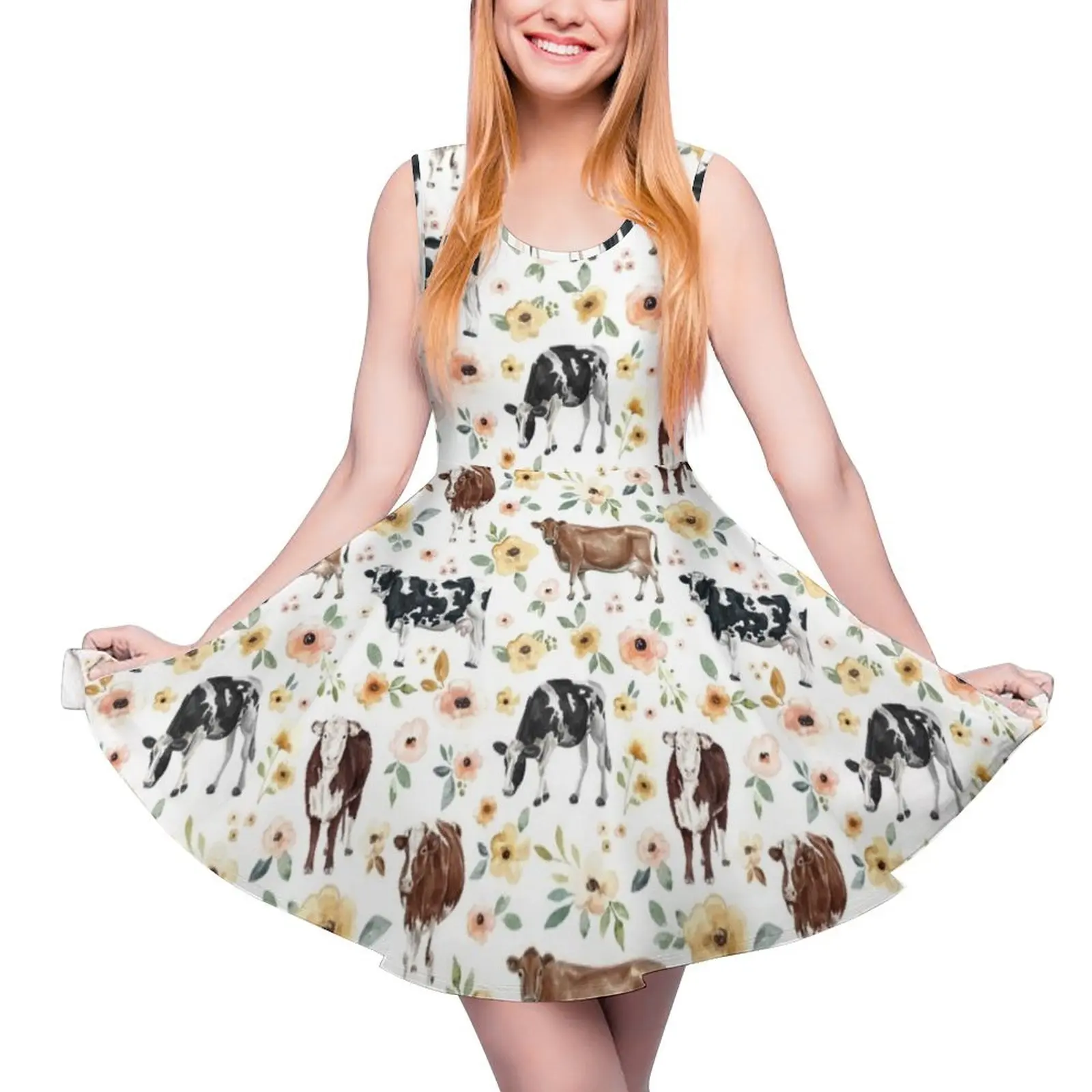Floral Cow Print, Yellow Flowers, Pink Floral, Cowgirl, Cow Painting, Country Sleeveless Dress wedding dresses for parties
