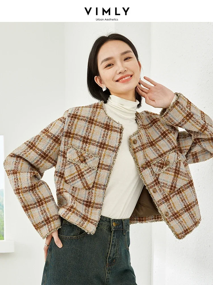 Vimly 2023 Winter Thick Wool Blend Quilted Coat Contrast Plaid Cropped Tweed Jacket O-neck Single Breasted Woman Clothing M5586 kapital vintage non hirata hiroshi stitching knitted japan blue v neck thickened sweaters loose cardigan plaid wool taoist robe