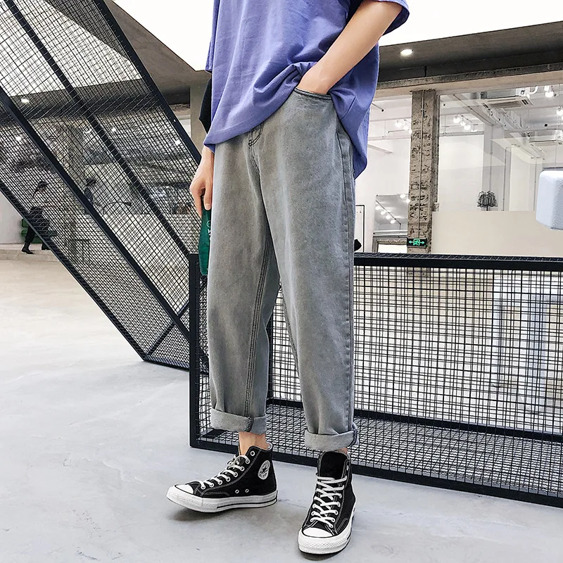 Summer Korean Style 2022 Brand Straight Jeans Male Teenagers Handsome Trendy Grey And Black Loose Ankle Length Casual Pants