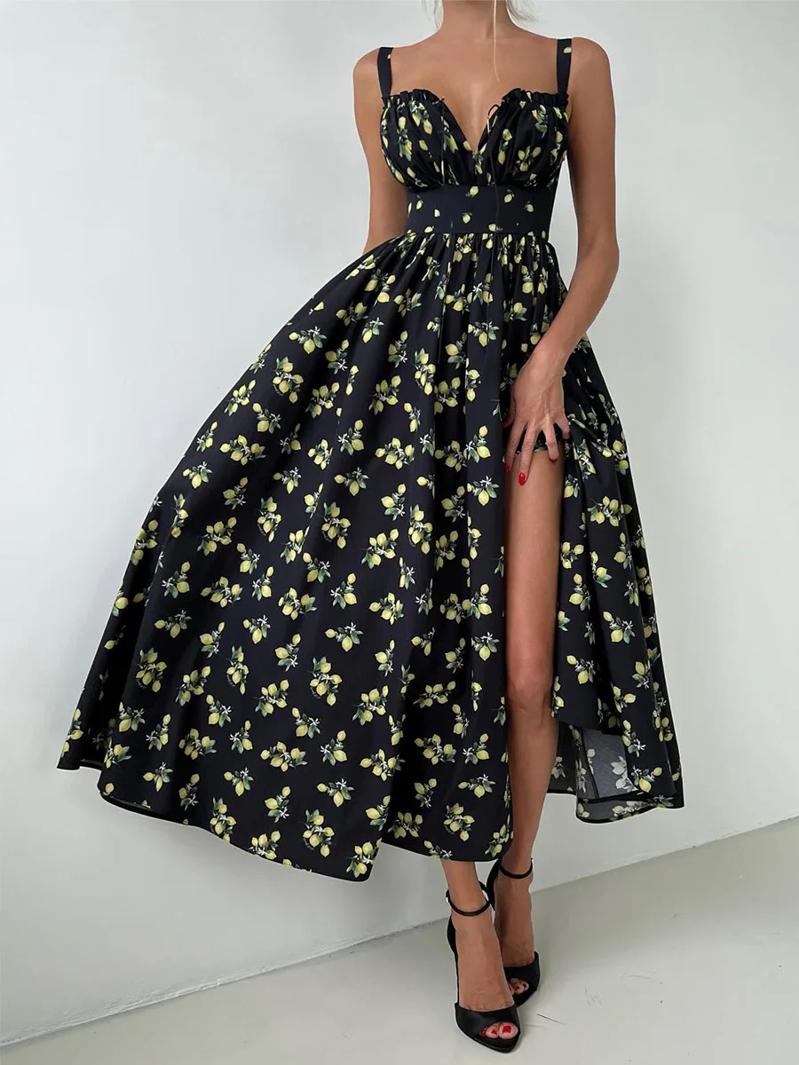 Bornladies 2025 Summer New Printing Cami Dress High Waist Slit Lemon Print Maxi Dress Vacation Long Dress For Women